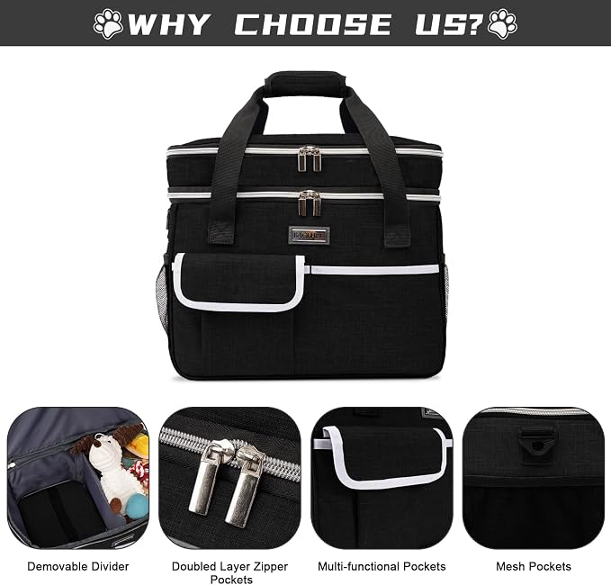 BAGLHER Dog Travel Bag for Supplies - Double-Layer Airline Approved Weekend Pet Travel Organizer Set for Dog and Cat Tote with 2 Pet Food Containers and 2 Collapsible Silicone Bowls Black