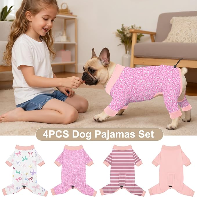 Bienbee Dog Pajamas, 4 Pack Adjustable Onesies for Small to Large Dogs L | Dog Shedding Suit with Soft Fabric, Breathable & Stretchy, and Adjustable Back Length for Sleeping Lounging and Daily Use