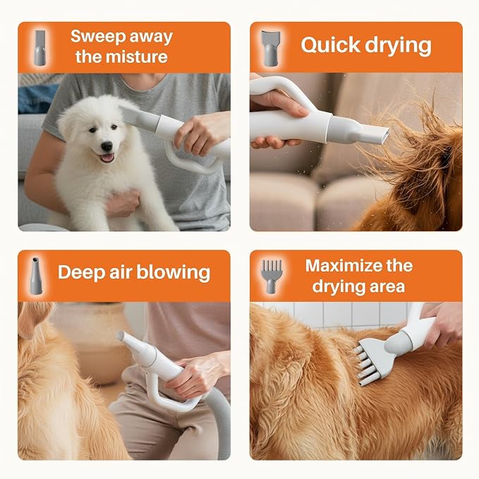 NEWBULIG Dog Hair Dryer, Dog Blow Dryer with Heater, White | 1550W High Velocity Pet Blow Dryer with Heater, Speed Temperature Adjustable Dog Blower Grooming with 4 Nozzles