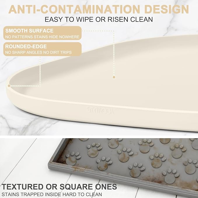 SMILOOL Silicone Pet Food Mat with Raised Edge for Food and Water Bowl, Dog Feeding Mats, Cat Food Trays for Floor Waterproof, Rubber Tray for Dogs and Cats, 19 x 12 x 0.7 White Sand