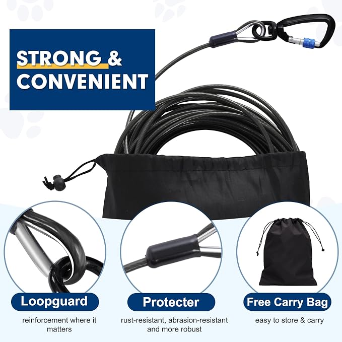 Snagle Paw Dog Leads for Yard 50FT-1000LBS Break Strength,Heavy Duty Tie Out,Run Cable for Medium Large Dogs with Swivel Lockable Hook & Spring,Chew Proof Chain for Outside