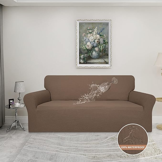 Easy-Going 100% Waterproof Couch Cover, 3 Cushion Oversized Sofa Cover | Leakproof Sofa Slipcover, Stretch Jacquard Furniture Protector Against Stain Spill from Kids, Pets, Dog, Brown