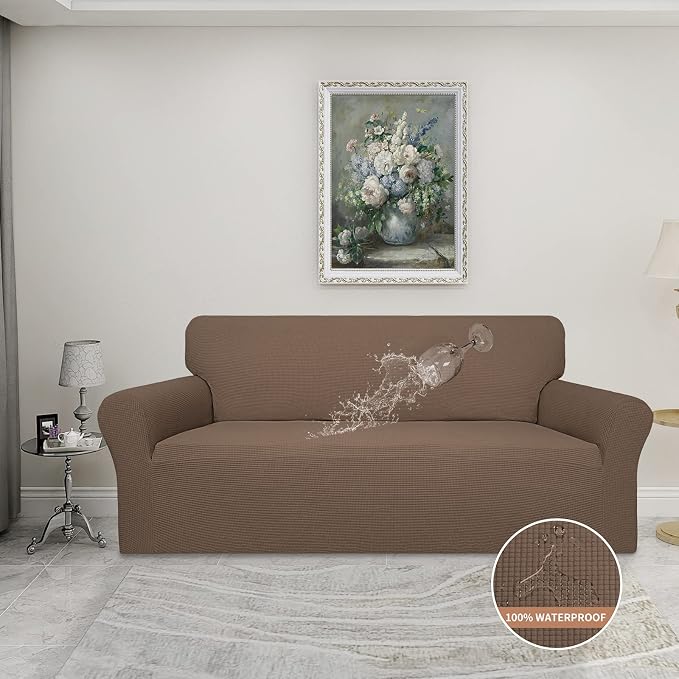 Easy-Going 100% Waterproof Couch Cover, 3 Cushion Couch Slipcover for Sofa | Leakproof Sofa Cover, Stretch Jacquard Furniture Protector Against Stain Spill from Kids, Pets, Dog (Sofa, Brown)