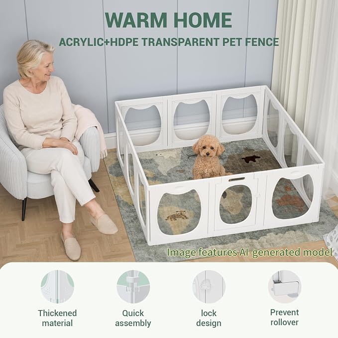 Clear Acrylic Dog Playpen with Door, 12 Panels Large Transparent Pet Fence Indoor with Dog Head Shape, 23.6" Expandable Puppy Playpen with Suction Cups, Easy Assemble for Medium/Small Dogs & Pets