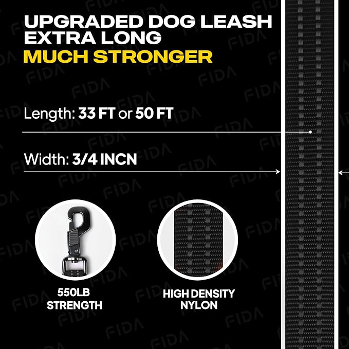 Fida Obedience Recall Training Agility Lead, 50FT Long Dog Leash, Black | 33FT & 50FT, Traffic Handle, Soft Padded, Reflective for Night Safety, Durable Nylon Dog leash for Small Medium Large Breeds
