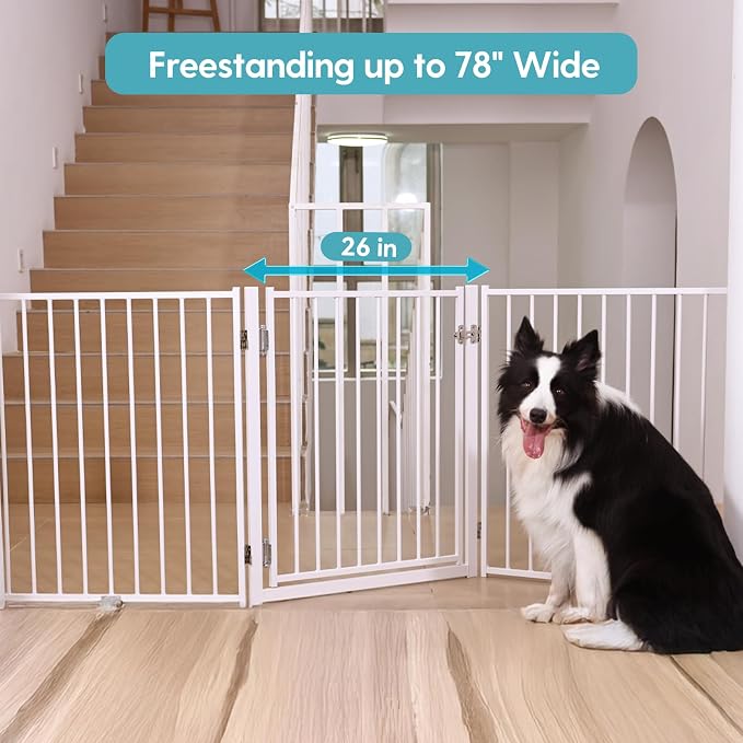 No Pawblems Full Metal Freestanding Dog Gate with Door, 30" Tall | Foldable Pet & Dog Fence for Stairs/Deck/Doorways, Indoor/Outdoor, Freestanding & Wall Mount, 78" Wide, 3 Panels, White