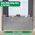 110" Extra Wide Baby Gate Retractable Dog Gate for Large Openings, Gray | Indoor/Outdoor Retractable Pet Gate, Space-Saving, Easy One-Hand Operation, Safety Lock, Scratch-Resistant Mesh, Easy Install