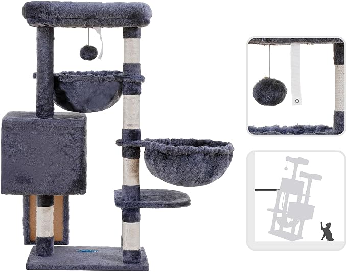 Hey-brother Cat Tree Tower with Large Bed, Hammocks, Scratcher, MPJ006SG | 35.4 Inches Cat House with Cozy Condo, Sisal Scratching Posts for Indoor Cats, Smoky Gray