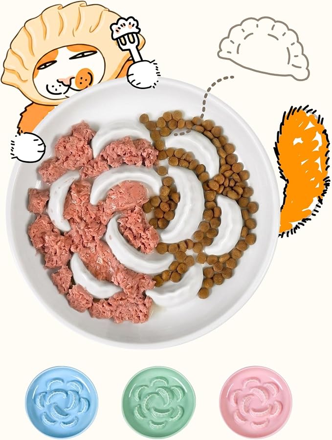 Ceramic Cat Slow Feeder Bowl - 6.2'' Whisker Friendly Cat Plate for Dry and Wet Food -Heavy Puzzle Feeding Bowl for Slow Eating - Helps Reduce Vomiting - Microwave & Dishwasher Safe -Non Slip - White