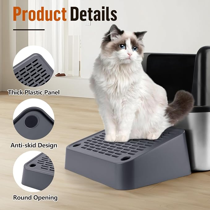 Litter Box Ramp, Cat Step for Litter Box with Filter Function, Dark Grey | Cat Litter Box Step for Kitten & Elderly Cats, Washable Double Layer Litter Catcher, Non-Slip Litter Catcher, Easy to Clean