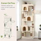 Globlazer F66 Corner Cat Tree, 66in Multi-Level Climbing Tower, Beige | Kitty Condos Cat Scratching Tower for Indoor Multiple Cats with Large Platform, 3 Cat Caves, Hanging Basket