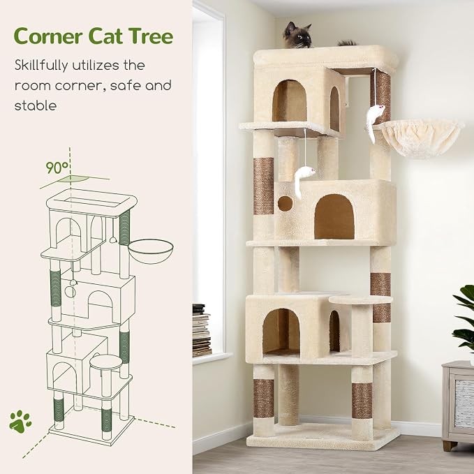 Globlazer F66 Corner Cat Tree, 66in Multi-Level Climbing Tower, Beige | Kitty Condos Cat Scratching Tower for Indoor Multiple Cats with Large Platform, 3 Cat Caves, Hanging Basket