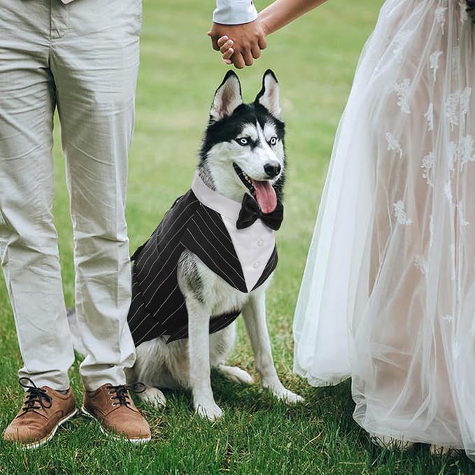 Kuoser Dog Tuxedo, Dog Suit and Bandana Set, Dogs Costume with D-Ring | Formal Dog Outfit with Detachable Bowtie Collar for Wedding, Birthday, Party, Christmas, Halloween, Black Strips L
