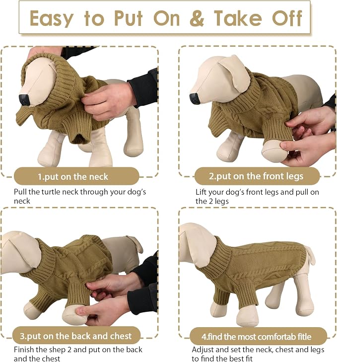 Queenmore Small Dog Pullover Sweater, Cold Weather Cable Knitwear, Classic Turtleneck Thick Warm Clothes for Chihuahua, Bulldog, Dachshund, Pug (Light Brown, Large)