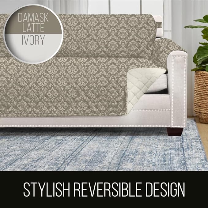 Sofa Shield® Couch Slip Covers for Dogs, Reversible Furniture Protector with Strap, Stain and Tear Resistant Cushion Cover, 88 inch Seat, Machine Washable Slipcover Pets, Cats, Damask Latte Ivory