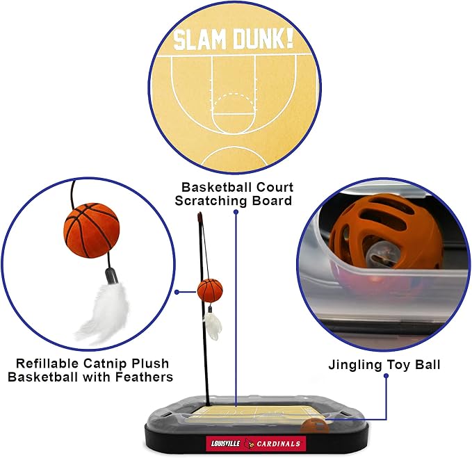 NCAA LOUISVILLE Cardinals Basketball Scratcher Toy - REVERSIBLE Felt/Cordboard, Interactive Cat Ball, 6-in-1 Cat Toy Wand, Plush Basketball Catnip-Filled
