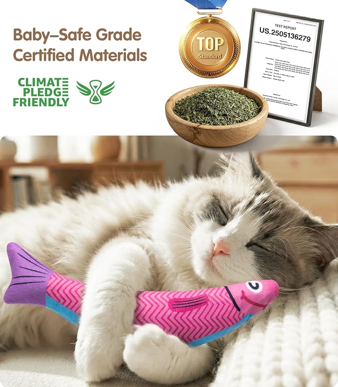 PetBusy Cat Toys with[5000mg A+Natural Catnip &Silvervine] [Baby Grade] Interactive Soft Chew Kicker Cat Toys for Indoor Cats & Kittens, [Crinkle &Bell] Fish Sound Toy, Drives Bored Cat Crazy with Fun