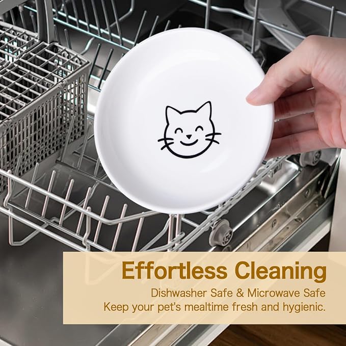 6 Inch Shallow Ceramic Elevated Cat Bowl, Whisker-Friendly Raised Flat Cat Food Plate Feeding Station with Bamboo Stand for Indoor Cats and Kittens (Single, 1.8" Stand, White)