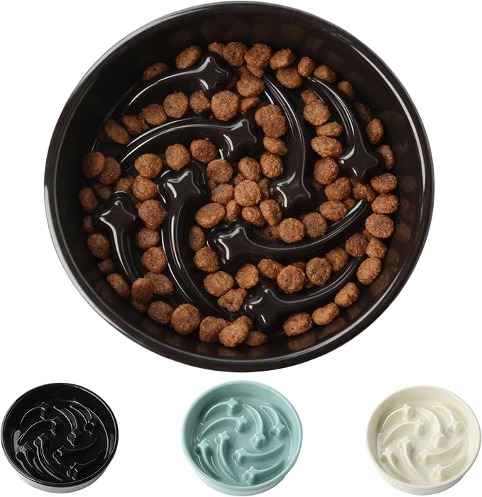 Ceramic Slow Feeder Dog Bowls Large Breed, 2 Cups, 8.3 Inch Black | 2 cups raised maze bowl slows fast eating for medium and large dogs; heavy ceramic, non-slip and dishwasher safe.