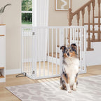 Semiocthome Freestanding Dog Gate 32" Tall, 4-Panel Foldable Dog Gates for Doorways Stairs House, Pet Gate Indoor with 2 Metal Stands, White