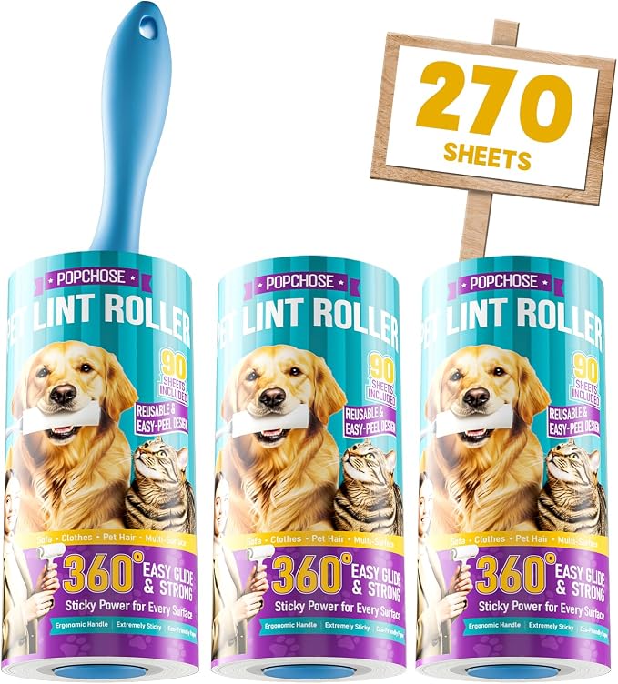 POPCHOSE Lint Roller for Pet Hair Extra Sticky, 270 Sheets with 1 Handles | Dog and Cat Hair Remover for Clothes, Furniture, Couch, Lint Roller for Carpet