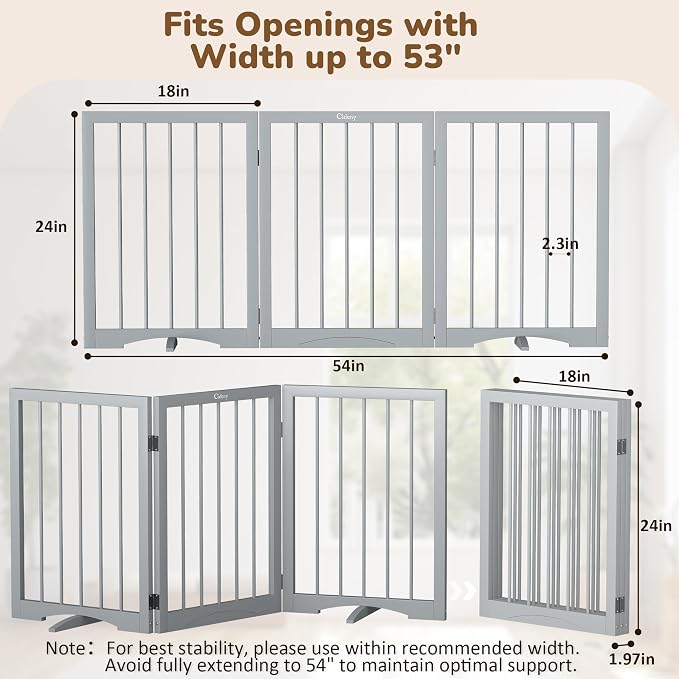 Free Standing Dog Gate Indoor, Foldable Dog Gate for Doorways Stairs | 3-Panel Freestanding Pet Gate with Support Feet for Stability, Folding Puppy Gate Easy to Move, Doggy Gate 54"x24", Grey