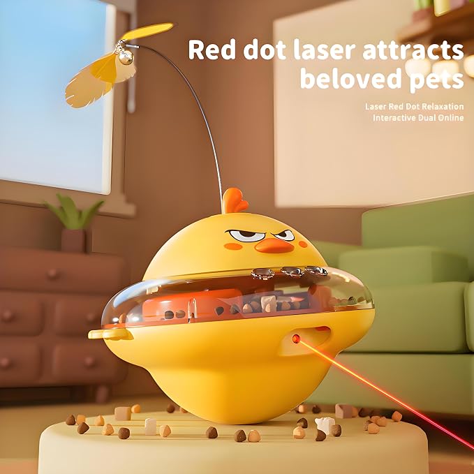 hooroor Cat Toy w/Interactive Laser, Spinning Feather & Butterfly Wand | Motion-activated Chirping, Treat Dispenser, 360° Wobbling Base,Auto-off, Non-toxic ABS Toys for Bored Indoor Cats & Kitten