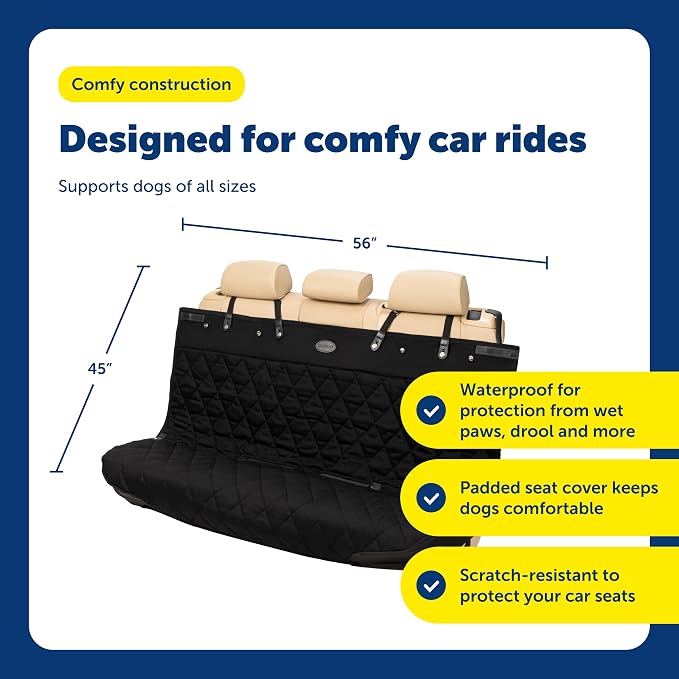 PetSafe Happy Ride Quilted Dog Car Seat Cover, Bench, Black | Seat Cover for Back Seat, Scratch-Resistant, Adjustable Straps and Elastic Panels, Machine Washable, Seatbelt Access Zippers