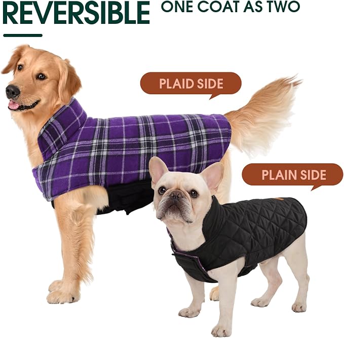 Kuoser Waterproof Dog Coat, Reversible Dog Jacket for Medium Dogs, Purple M | Adjustable Durable Doggie Winter Coat Warm Puppy Cold Weather Apparel from Small to Large Breed
