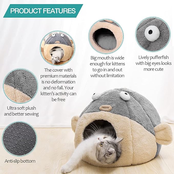 Cat Beds for Indoor Cats-Cat Bed Cave,Cute Lively Pufferfish Shape,Grey L | 2 in 1 Cats House for Kitten with Removable Washable Cushioned Pillow,Soft plush cat Tent for cat Hideaway,Machine Washable