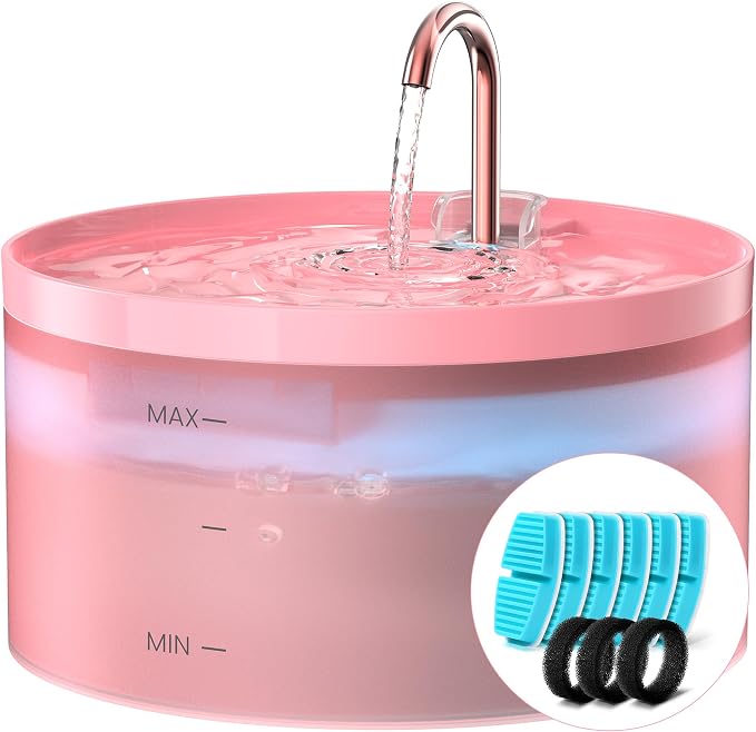 Pink Cat Water Fountain: with 6 Carbon Filters + 3 Sponge Filters | 108oz/3.2L Pet Water Fountain Indoor Faucet Cat Fountain for Cats and Dogs