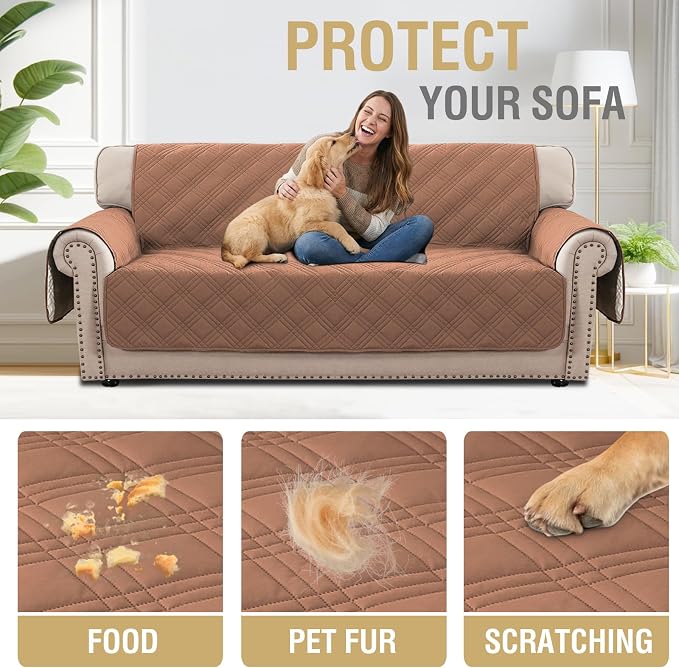 H.VERSAILTEX 100% Waterproof Couch Covers for Dogs Modern Sofa Slipcovers with Elastic Straps Thick Soft Couch Protector from Cat Claws(Sofa, Terracotta/Beige)