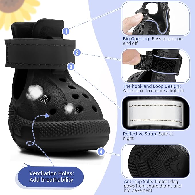 Nasjac Dog Shoes for Hot Pavement - Breathable Dog Sandals with Non Slip Soles & Reflective Straps, Easy ON & Off, Easy-Clean Summer Outdoor Pet Boots for Small Medium Large Dogs, Black, 1