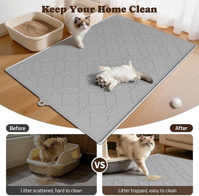 Pawtners Cat Litter Mat Extra Large 42" X 30", Easy to Clean, Gray, 1 Pack | Non-Slip Kitty Litter Mat for Floor, Waterproof & Urine-Proof Cat Litter Mat Litter Trapping Mat, Soft on Kitty Paws