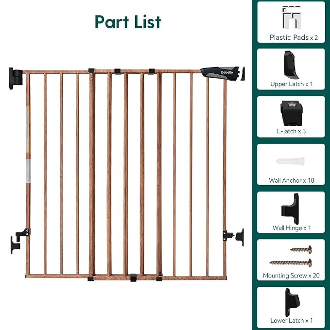 Babelio 34" Extra Tall No Bottom Bar Baby Gate, 26-43", Brown Wood Pattern | Easy Install| One-handed Opening| Auto-close| Drill Needed Indoor Safety Dog/Pet Gate for Stairs, Hallways & Doorways