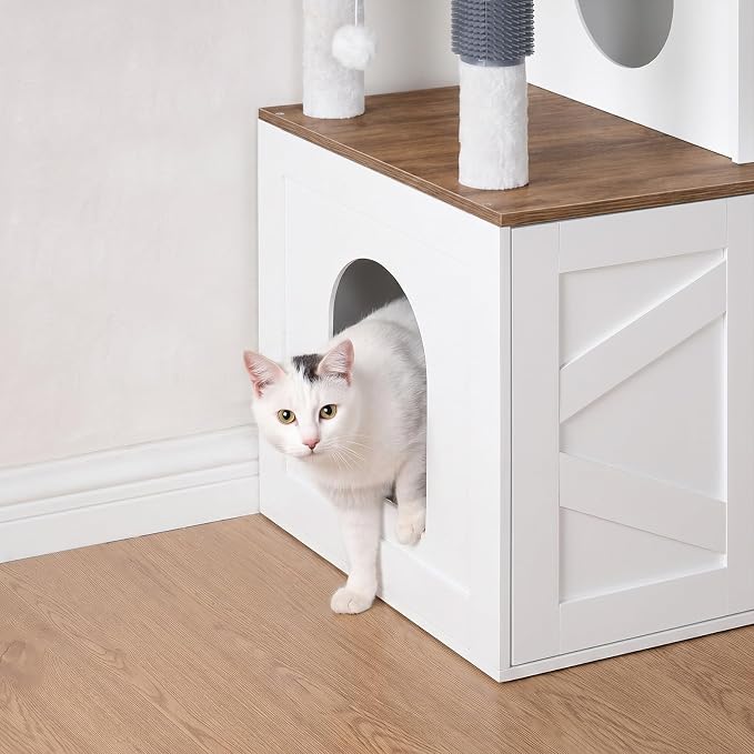 HOOBRO Cat Tree with Litter Box Enclosure, Tall Cat Tower for Indoor Cats | All-in-One Modern Cat Condo, Hidden Litter Box Enclosure Furniture, White and Walnut WH51MZ03