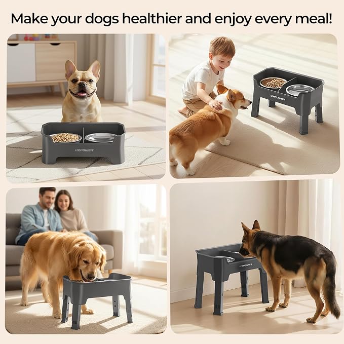URPOWER Mess Proof Elevated Dog Bowls, Splash Guard Raised Bowl Stand | 4 Height Adjustable Raised Stand with 2 Stainless Steel Food Bowls & Licking Plate for Small, Medium & Large Dogs