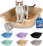 KittyGohere Senior Cat Litter Box Small with Scoop, Beach Sand | Open Top Low Entrance Kitty Litter Box With With Long-handle Jumbo Scoop, Lightweight & Durable Litters Box, Made in USA