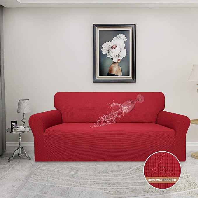 Easy-Going 100% Waterproof Couch Cover, 3 Cushion Couch Slipcover for Sofa | Leakproof Sofa Cover, Stretch Jacquard Furniture Protector Against Stain Spill from Kids, Pets, Dog (Sofa, Christmas Red)