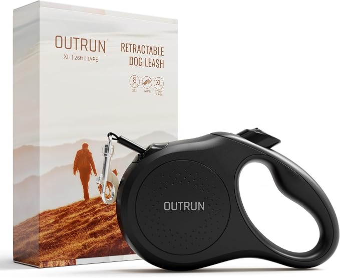 OUTRUN Retractable Dog Leash 26 FT Walking Leash up to 110 lb, Strong Nylon Tape No Tangle, Heavy Duty One-Handed Brake Lock, Black