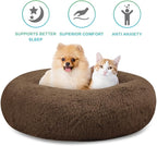 SAVFOX 45 inches Calming Donut Dog Bed - 3X Durable Plush Faux Fur, Machine Washable & Non-Slip, Fits up to 150 lbs, Brown