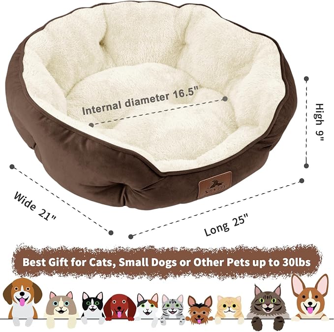 Asvin Medium Dog Bed for Medium Dogs, Cat Beds for Indoor Cats, Pet Bed for Puppy and Kitty, Extra Soft & Machine Washable with Anti-Slip & Water-Resistant Oxford Bottom, Brown, 25 inches