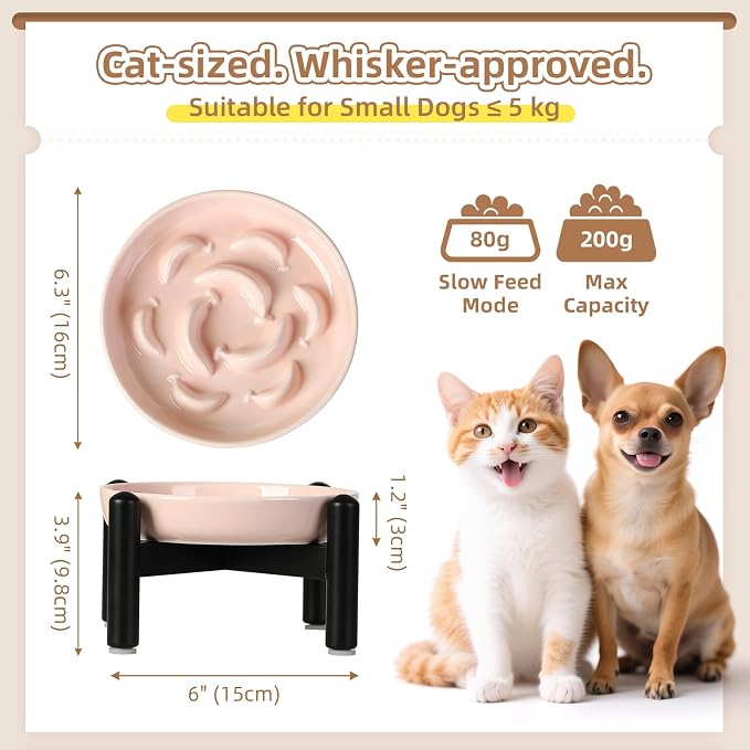 Elevated Ceramic Slow Feeder Cat Bowl, 6.3'' Wide Whisker Friendly | Slow Eating 5x, Anti Vomit Shallow Slow Eating Cat Dish, 3.9" H Raised Cat Puzzle Feeder for Dry and Wet Food, 6.3" X 1.2"