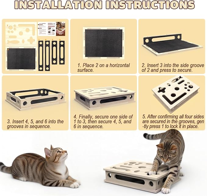 Cat Scratch Puzzle Enrichment Box, Large Solid Wood with Sandpaper Inside | Cat Nail File Enrichment Box with Sandpaper Inside, Cat Nail File Box Stress Free Alternative to Clippers and Grinders