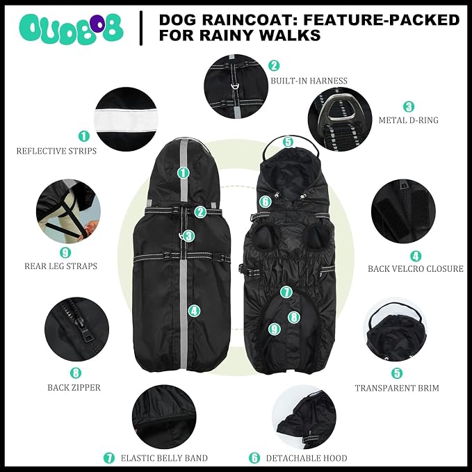 Dog Raincoat with Built-in Harness, Dog Rain Jacket with Clear Hood | Rain Coat For Large Dogs, Doggy Poncho With Leash Hole, Reflective Strips, For Rainy Snowy Weather Walks, Hiking Camping, 2XL