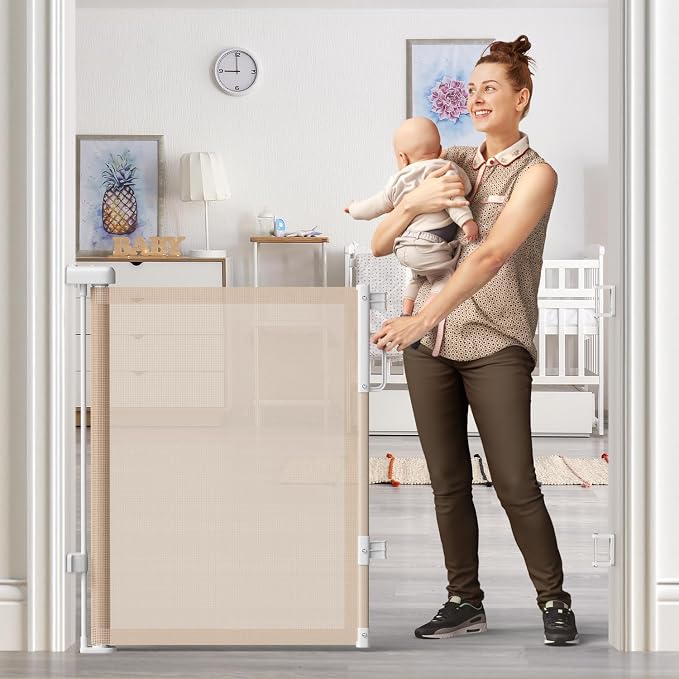 Retractable Baby Gate for Stairs & Doorways, Dog Gate Indoor Outdoor | Extends to 55" Wide 34" Tall Mesh Child Gate for Hallways, Deck, Porch, Pet Toddler Safety Essentials, Easy Install, Beige