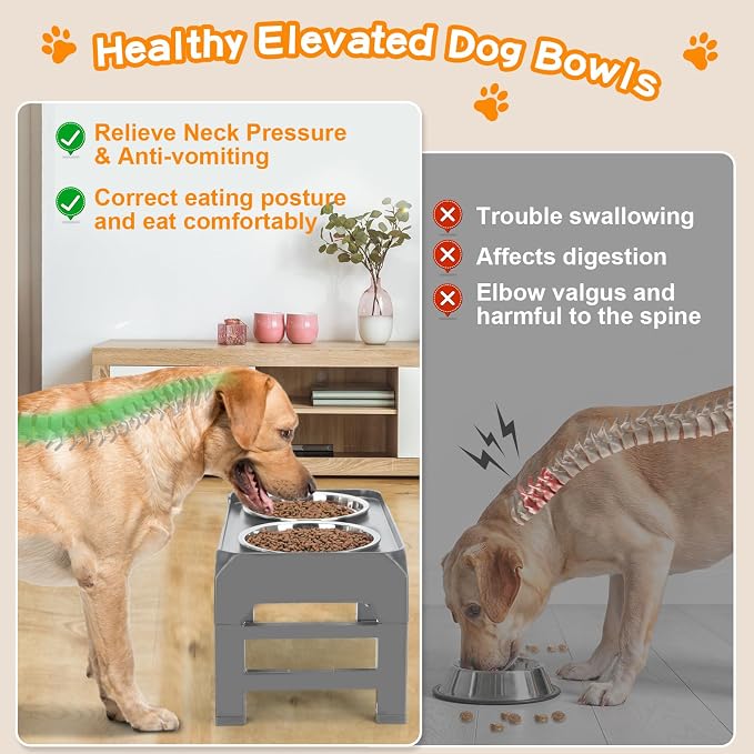 Elevated Bowls, 4 Height Adjustable Raised Stand With 2 Thick 50oz Stainless Steel Food Bowls, Non-Slip Feeder for Large Medium Dogs, Adjusts to 3.7", 9.2", 10.75", 12.36" Grey