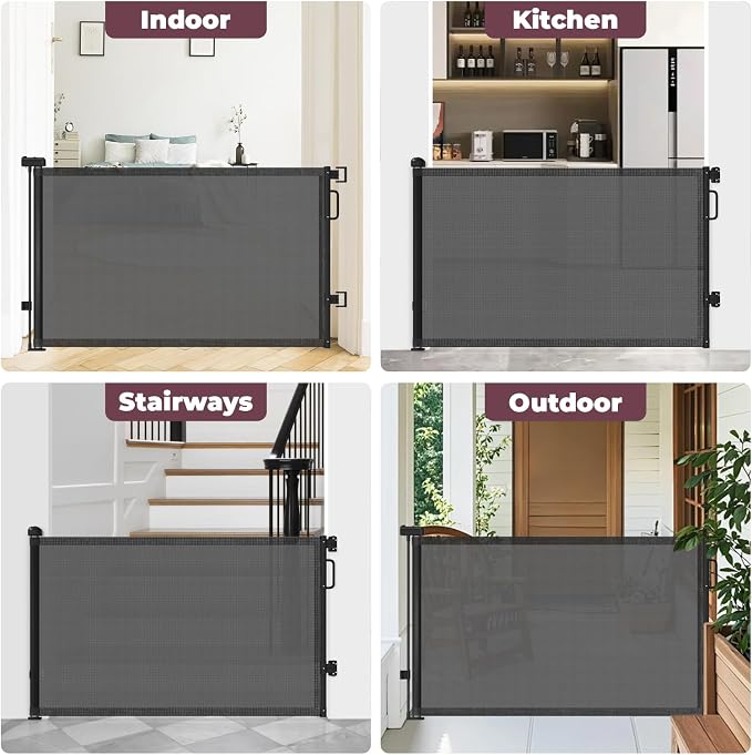 Retractable Baby Gate for Stairs & Doorways, Dog Gate Indoor Outdoor | Extends to 55" Wide 34" Tall Mesh Child Gate for Hallways, Deck, Porch, Pet Toddler Safety Essentials, Easy Install, Black