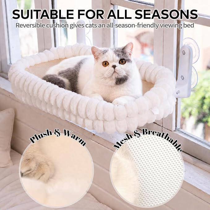 CHEERPALS Cloud Cat Window Perch for Indoor Cats Hammock Bed Foldable | Reversible Cushion Removable Washable, Breathable Soft All-Season, Sturdy Strong Suction Cups Support, Cordless(White,Medium)