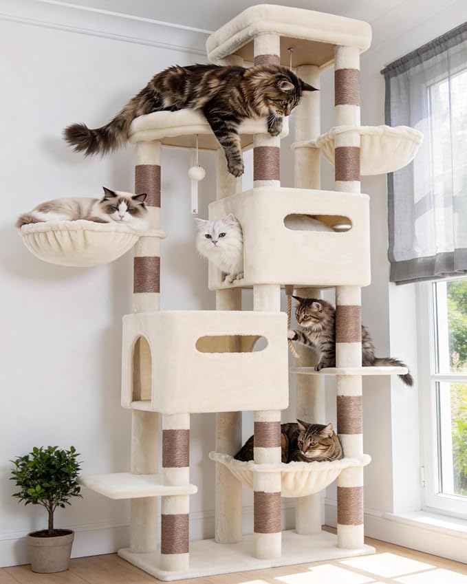 Heybly Cat Tree, 74.8'' Spacious & Tall Cat Tower for Large Cats HCT062MJ-1 | Cat Furniture with Large Top Perch, Solid Base, 2 Cat Condos, Hanging Hammock, Durable Sisal Scratching Posts, Beige